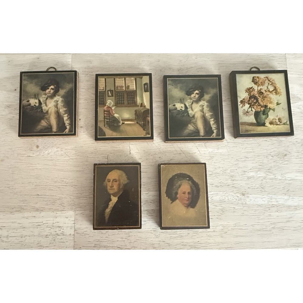 Lot Of 6 Vintage Miniature Wooden Wall Plaques, Washington, Boy With Rabbit